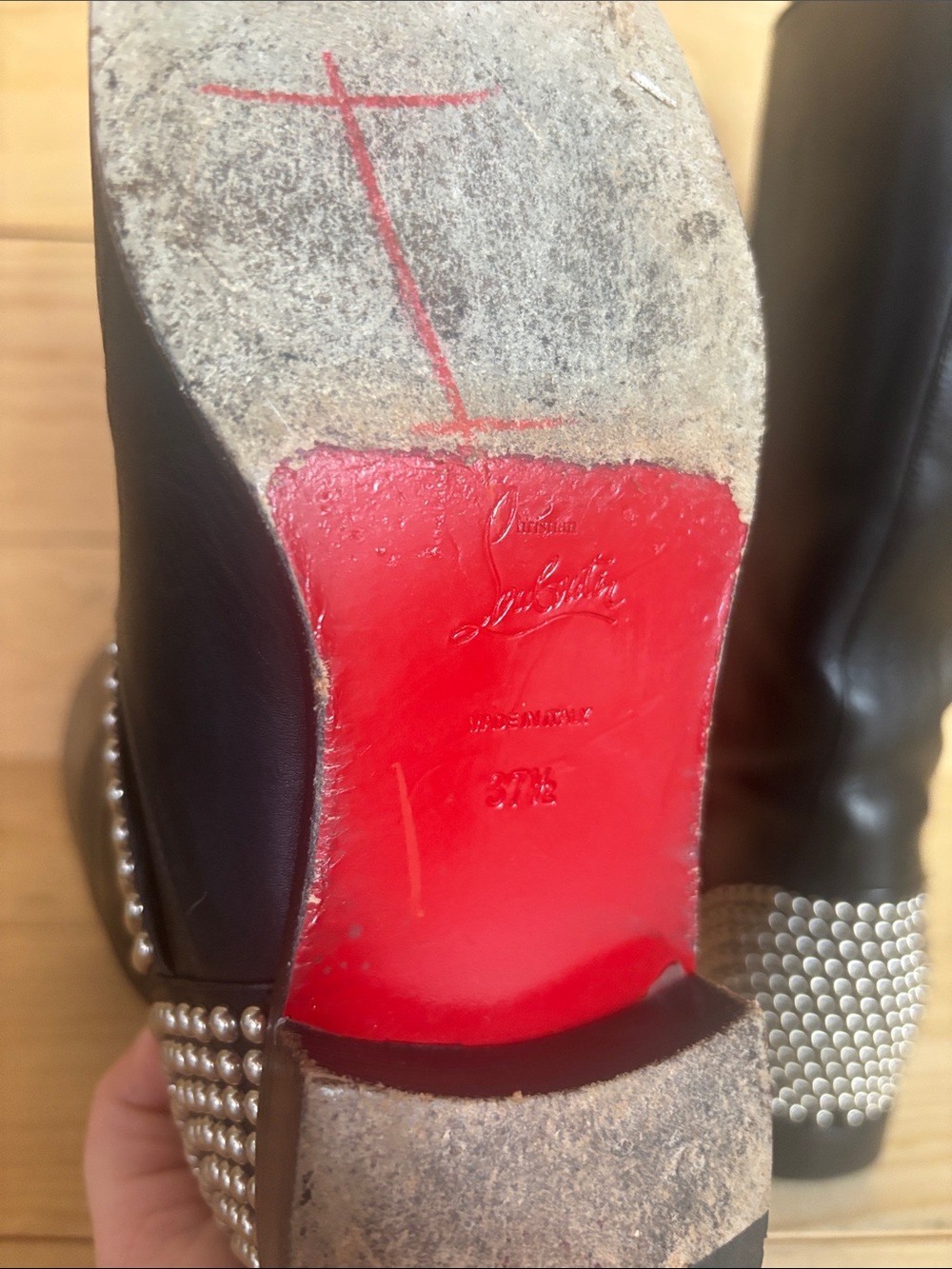 Christian Louboutin black leather studded moto boots 37 1/2 - Picture 14 of 16